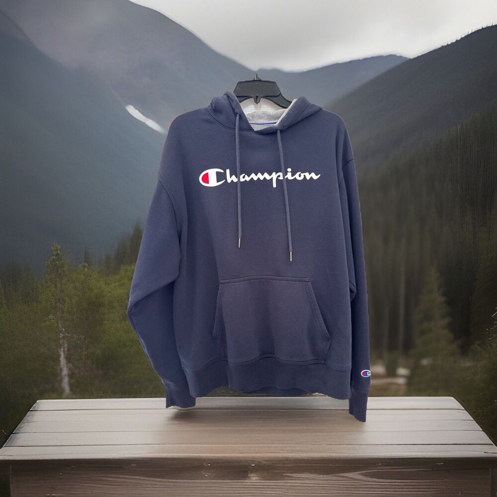 CHAMPION Hoodie Mens L Powerblend Fleece Logo Pullover Sweatshirt Sports Blue